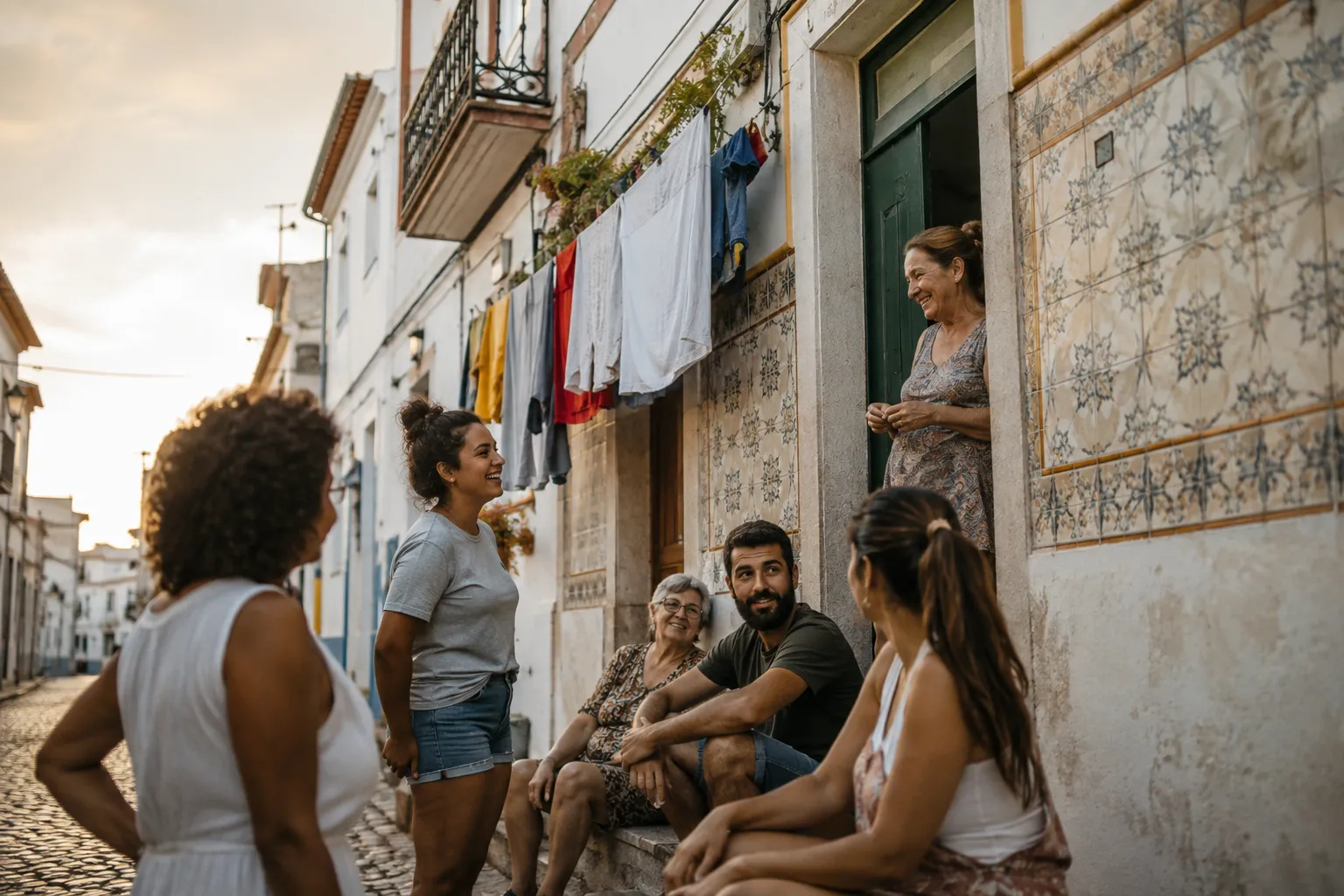 Vizinhos reunidos à porta de casa numa rua tradicional do Algarve