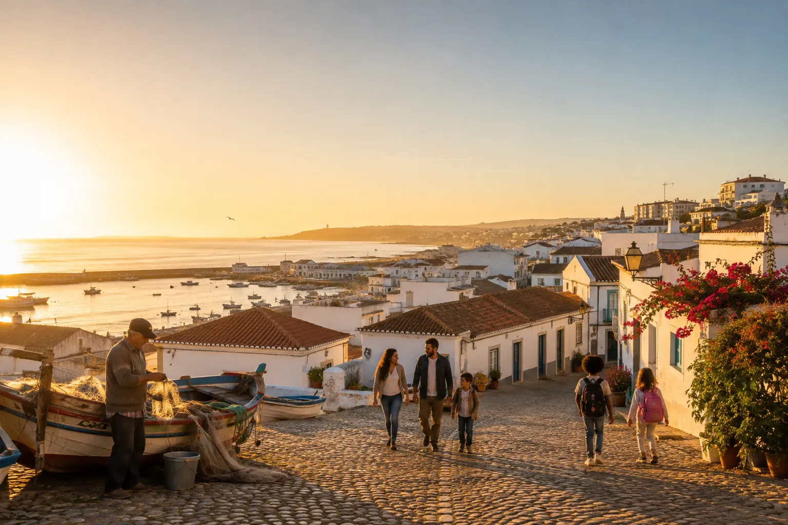 Família e pescador numa vila algarvia ao pôr-do-sol, junto ao mar